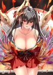  azur_lane bangs bare_shoulders black_hair blush breasts choker cleavage cocktail_dress collarbone commentary dress eyebrows_visible_through_hair facebook_logo facebook_username hair_between_eyes hair_ornament head_tilt highres instagram_username japanese_clothes large_breasts long_hair looking_at_viewer parted_lips patreon_logo patreon_username red_choker red_dress red_eyes sitting smile solo taihou_(azur_lane) twintails twitter_logo twitter_username very_long_hair wide_sleeves xephonia 