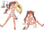  ;d adapted_turret bare_shoulders barefoot bikini bow brown_eyes brown_hair drink fallen_down fang feet full_body gun hair_bow hair_ornament hair_ribbon holding holding_gun holding_weapon innertube jiji kantai_collection libeccio_(kantai_collection) long_hair looking_at_viewer navel official_art one_eye_closed open_mouth ribbon shaved_ice simple_background smile soles solo swimsuit thigh_strap turret twintails weapon white_bikini 