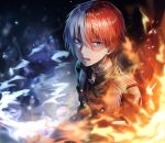  blue_eyes boku_no_hero_academia fire flame highres huwali_(dnwls3010) ice looking_at_viewer multicolored_hair open_mouth red_hair scar short_hair solo split_theme todoroki_shouto two-tone_hair upper_body white_hair 