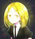  :o androgynous blonde_hair colored_eyelashes crystal_hair dark_background eyebrows_visible_through_hair gem_uniform_(houseki_no_kuni) highres houseki_no_kuni looking_at_viewer necktie nekotamago short_hair solo upper_body yellow_diamond_(houseki_no_kuni) yellow_eyes 