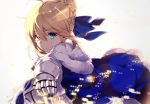  artoria_pendragon_(all) bangs blonde_hair blue_bow blue_cloak bow braid breastplate cloak closed_mouth commentary_request eyebrows_visible_through_hair fate/stay_night fate/zero fate_(series) foreshortening fujikiri_yana fur-trimmed_cloak fur_trim gauntlets green_eyes hair_between_eyes hair_bow hair_bun looking_at_viewer looking_to_the_side outstretched_arm saber sidelocks solo 