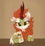  2018 alcohol autumn_blaze_(mlp) beer beverage blush can english_text female friendship_is_magic fur hi_res kirin looking_at_viewer my_little_pony orang111 solo text 