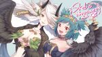  2girls bangs black_feathers black_wings botamochi_(exwelder) breasts choker claws cleavage collarbone commentary_request commission crossover elil_(granblue_fantasy) eyebrows_visible_through_hair fang feather_hair granblue_fantasy green_eyes green_feathers green_hair hair_intakes hair_over_one_eye harpy head_wings horns indie_virtual_youtuber large_breasts lincoro looking_at_viewer medium_hair monster_girl multiple_girls open_mouth pointy_ears red_eyes short_hair short_twintails skeb_commission small_breasts tiara translation_request twintails underboob virtual_youtuber white_hair winged_arms wings 
