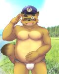  2018 anthro belly blush brown_fur bulge canine clothing eyewear fur gaogao_dance glasses hat humanoid_hands kounosuke_(morenatsu) male mammal moobs morenatsu nipples one_eye_closed overweight overweight_male solo tanuki underwear wink 