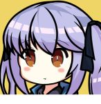  :t azur_lane bangs black_ribbon blush brown_eyes closed_mouth commentary_request essex_(azur_lane) eyebrows_visible_through_hair hair_between_eyes hair_ribbon long_hair nagato-chan portrait pout purple_hair ribbon sidelocks simple_background solo twintails yellow_background 