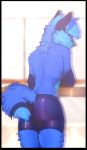  2018 anthro bike_shorts blue_fur butt canine clothed clothing dancing digital_media_(artwork) fox fur leaning leaning_forward looking_back male mammal mirror onioneyedgoat shorts solo standing studio 