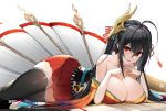  1girl ahoge azur_lane bangs bare_shoulders black_hair black_legwear blush breasts cleavage collarbone crossed_bangs eyebrows_visible_through_hair hair_between_eyes hair_ribbon huge_breasts japanese_clothes kimono large_breasts long_hair looking_at_viewer luse_maonang lying mask mask_on_head obi open_mouth parted_lips red_eyes red_kimono red_ribbon ribbon sash short_kimono smile solo taihou_(azur_lane) thighhighs thighs tied_hair twintails very_long_hair white_background 