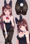  animal_ears artist_name ass bangs bare_shoulders black_leotard blush bow bowtie breasts brown_background brown_hair brown_legwear bunny_ears bunny_girl bunny_tail bunnysuit closed_mouth commentary_request covered_navel detached_collar eyebrows_visible_through_hair girls_frontline hair_ribbon hands_on_own_chest hands_up head_tilt kubong leaning_forward leotard long_hair looking_at_viewer medium_breasts multiple_views nose_blush one_side_up open_mouth pantyhose red_eyes red_neckwear red_ribbon ribbon simple_background strapless strapless_leotard tail thigh_gap thighband_pantyhose very_long_hair wa2000_(girls_frontline) white_collar wrist_cuffs 