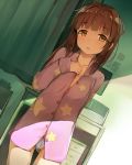  bangs blunt_bangs bow bow_panties breasts brown_eyes brown_hair collarbone commentary_request curtains dutch_angle eyebrows_visible_through_hair hand_on_own_chest highres idolmaster idolmaster_cinderella_girls indoors long_hair long_sleeves looking_at_viewer ogata_chieri orange_bow pajamas panties panties_aside print_pajamas seneto small_breasts solo star star_print underwear white_panties 