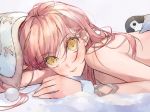  ashita_kura bangs bare_shoulders beanie bird blush commentary eyebrows_visible_through_hair fate/grand_order fate_(series) hat highres lips long_hair looking_at_viewer lying medb_(fate)_(all) medb_(swimsuit_saber)_(fate) on_stomach parted_lips penguin pink_hair smile solo swimsuit upper_body yellow_eyes 