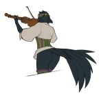  anthro avian beak bird black_feathers bottomless butt clothed clothing corset corvid eyes_closed feathers female fiddle genevieve_quicksilver headband legwear lingerie musical_instrument playing_music playing_violin raven rear_view simple_background smile spearfrost thigh_highs tunic violin white_background 