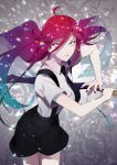  ahoge alexandrite_(houseki_no_kuni) androgynous blue_hair crystal_hair eyes_visible_through_hair fighting_stance gem_uniform_(houseki_no_kuni) gradient_hair highres houseki_no_kuni kurono_yuu long_hair looking_at_viewer multicolored_hair necktie red_eyes red_hair solo sparkle suspenders sword weapon 