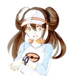  bangs breasts brown_hair canari commentary_request double_bun long_hair looking_at_viewer mei_(pokemon) open_mouth pokemon pokemon_(game) pokemon_bw2 raglan_sleeves simple_background solo upper_body visor visor_cap 