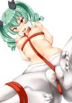  1girl anchovy artist_request bdsm black_ribbon bondage bound breasts drill_hair eyebrows_visible_through_hair female girls_und_panzer green_hair hair_ribbon long_hair looking_at_viewer nipples red_eyes ribbon shiny solo twin_drills twintails 