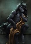  2018 anthro black_hair blue_eyes detailed_background digital_media_(artwork) equine hair hooves horse male mammal nude sitting smile solo tasanko 