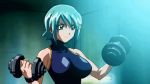  animated animated_gif bouncing_breasts breasts divergence_eve dumbbell exercise green_hair kiri_marialate large_breasts muscle purple_eyes weightlifting 
