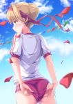  adjusting_buruma adjusting_clothes ahoge ass bangs blonde_hair blue_sky blurry blurry_foreground blush braid buruma cloud cloudy_sky crown_braid day depth_of_field dutch_angle eyebrows_visible_through_hair fate/extra fate_(series) from_behind green_eyes grey_shirt gym_shirt gym_uniform hair_between_eyes hair_bun hair_intakes headband highres kudou_maimu light_brown_hair looking_away nero_claudius_(fate) nero_claudius_(fate)_(all) olympian_bloomers outdoors parted_lips pennant petals profile puffy_short_sleeves puffy_sleeves red_buruma red_headband shirt short_sleeves sidelocks sky solo standing string_of_flags tied_hair twitter_username white_shirt 