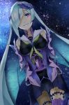  arms_behind_back blue_hair breasts brynhildr_(fate) commentary_request dutch_angle fate/grand_order fate_(series) long_hair looking_at_viewer mayo_(mayone-u) medium_breasts night night_sky purple_eyes skirt sky solo thighhighs very_long_hair 