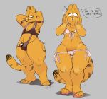  anthro bikini bulge clothed clothing crossdressing crossgender english_text feline female garfield garfield_(series) hands_behind_head male mammal redic-nomad slightly_chubby smile standing swimsuit text thick_thighs wide_hips 
