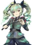  1girl anchovy anzio_military_uniform artist_request black_ribbon drill_hair eyebrows_visible_through_hair female girls_und_panzer green_hair hair_ribbon long_hair looking_at_viewer red_eyes ribbon school_uniform shiny smile solo twin_drills twintails 