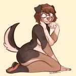  anthro big_breasts breasts canine dog eyewear feet feijoa female fur glasses hair kneeling mammal nude raised_tail short_hair simple_background sitting slightly_chubby smile solo thick_thighs 