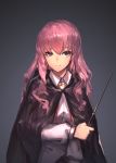  black_cloak dress_shirt fixro2n grey_background hair_between_eyes highres holding holding_wand long_hair looking_at_viewer louise_francoise_le_blanc_de_la_valliere neck_ribbon pink_hair red_eyes red_ribbon ribbon shiny shiny_hair shirt smile solo upper_body wand white_shirt zero_no_tsukaima 