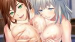  2girls areolae blue_eyes blurry blurry_background blush breast_squeeze breasts brown_hair censored closed_mouth cum cum_on_body cum_on_breasts cum_on_upper_body double_paizuri ejaculation game_cg green_eyes grey_hair h_de_hajimaru_share_house happy highres huge_breasts indoors kagami_touka long_hair looking_at_viewer mochizuki_nozomu mosaic_censoring multiple_girls nanjou_sakura nipples nude open_mouth original paizuri penis pov short_hair silver_hair smile sweat upper_body 