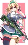  1girl :d belt blonde_hair blush bow breasts brown_gloves cowboy_shot eyebrows_visible_through_hair fingerless_gloves girls_frontline gloves green_bow grey_legwear gun hair_between_eyes hair_bow hand_up headband leg_strap looking_at_viewer medium_breasts open_mouth outline pink_background ponytail red_eyes rifle sayossa_(pak-front) scarf signature simple_background single_thighhigh smile sniper_rifle solo standing sv-98 sv-98_(girls_frontline) thighhighs trigger_discipline weapon white_outline white_scarf 