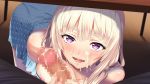  1girl after_fellatio areolae bare_shoulders blonde_hair blush breast_press breasts breasts_outside censored cum cum_in_mouth cum_string dress facial floor game_cg h_de_hajimaru_share_house highres kneeling legs long_hair looking_at_viewer mashiro_rina medium_breasts mochizuki_nozomu mosaic_censoring nipples open_mouth original penis polka_dot polka_dot_dress pov purple_eyes smile solo_focus sweat table thighs twintails under_table wooden_floor 