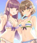  2girls :d arai_minamo bangs bikini blue_sky blunt_bangs blush breasts brown_hair cleavage collarbone fish_hair_ornament frilled_bikini frills hair_ornament himote_house himote_kokoro long_hair looking_at_viewer medium_breasts multiple_girls navel open_mouth outdoors purple_bikini purple_eyes shigure_ui shiny shiny_hair short_hair side-tie_bikini sideboob sky smile standing striped striped_bikini swimsuit v yellow_eyes 