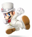  3d alternate_costume artist_request badge blazer blue_eyes bow bowtie brown_hair button_badge buttons facial_hair fine_fabric_emphasis full_body gloves hat highres jacket jumping long_sleeves looking_at_viewer male_focus mario mario_(series) mustache nose official_art open_mouth outstretched_arm pants punching red_neckwear serious shadow shoe_soles simple_background single_letter solo super_mario_bros. super_mario_odyssey super_smash_bros. super_smash_bros._ultimate toon top_hat tuxedo white_background white_footwear white_gloves white_hat white_jacket white_pants 