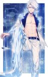  abs arm_at_side belt bleach blue_background blue_eyes hitsugaya_toushirou ice jacket long_sleeves looking_at_viewer male_focus mashima_shima navel open_clothes pants planted_weapon short_hair solo standing sword torn_clothes twitter_username weapon white_hair white_jacket white_pants 