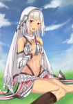  altera_(fate) bangs bare_shoulders black_nails blue_sky blunt_bangs breasts choker cloud cloudy_sky commentary_request day detached_sleeves fate/grand_order fate_(series) feet_out_of_frame fingernails full_body_tattoo grass hand_on_own_chest headdress highres hips jewelry legs lin951212 looking_at_viewer midriff nail_polish navel on_grass open_mouth outdoors red_eyes revealing_clothes seiza short_hair showgirl_skirt sitting skinny skirt sky small_breasts socks solo stomach tan tattoo teeth thighs veil white_hair white_skirt 