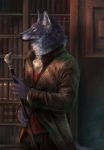  2018 5_fingers anthro black_nose canine clothed clothing detailed_background digital_media_(artwork) fur green_eyes male mammal purple_fur solo standing wolf wolnir 