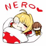  :3 =_= ahoge blanket blonde_hair blush bow character_doll closed_eyes commentary drooling fate/grand_order fate_(series) futon hair_intakes heart highres kishinami_hakuno_(male) kou_mashiro lying medium_hair namesake nero_claudius_(fate) nero_claudius_(fate)_(all) nose_bubble on_back pillow pun sleeping solo stuffed_toy white_background |_| 