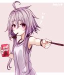  ahoge armpits bangs dated eyebrows_visible_through_hair food hachikuji hair_between_eyes holding long_hair low_twintails mouth_hold pocky purple_eyes purple_hair shirt solo tank_top twintails vocaloid voiceroid white_shirt yuzuki_yukari 