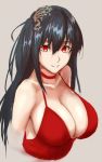  azur_lane bangs bare_shoulders black_hair breasts choker cleavage cocktail_dress collar collarbone commentary_request dress eyebrows_visible_through_hair hair_between_eyes hair_ornament hashimoto_(frog_flag) huge_breasts long_hair looking_at_viewer parted_lips red_choker red_dress red_eyes sideboob smile solo taihou_(azur_lane) twintails 