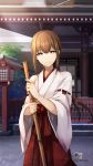  absurdres alternate_costume alternate_hairstyle broom brown_hair copyright_name cowboy_shot highres huke japanese_clothes long_hair looking_at_viewer makise_kurisu miko official_art ponytail shrine silver_eyes smile solo standing steins;gate watermark wide_sleeves 