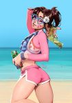  ;) alternate_costume alternate_hairstyle ass beach blue-framed_eyewear bracelet brown_hair can commentary crop_top d.va_(overwatch) day flat_ass flower from_side hair_flower hair_ornament hair_scrunchie heart heart-shaped_eyewear high_ponytail jewelry mike_nesbitt nail_polish ocean one_eye_closed overwatch pink pink_nails pink_shorts pinky_out running scrunchie short_shorts shorts smile soda_can solo sunglasses water_gun waveracer_d.va whisker_markings 