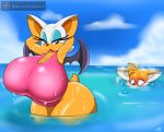 bat big_breasts big_butt blush breasts butt canine clothing conditional_dnp digitaldomain123 erection eyeshadow female fox lipstick makeup male mammal miles_prower rouge_the_bat sonic_(series) swimsuit water wet wings 