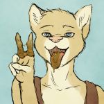  2015 anthro cat clothing eating_feces fangs feces feline fur happy looking_at_viewer male mammal mikey_(scataraxia) open_mouth scat scataraxia shirt simple_background smearing smile standing tank_top teeth tongue tongue_out 