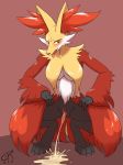  2018 anthro blush breasts canine coolryong delphox female fur inner_ear_fluff mammal nintendo peeing pok&eacute;mon pok&eacute;mon_(species) pussy smile solo tongue urine video_games watersports 