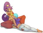  barefoot blonde_hair breasts choker circlet cleavage commentary dark_skin earrings hair_ornament harem_pants heavy_breathing high_ponytail highres hoop_earrings jewelry long_hair multiple_girls navel navel_licking o-ring o-ring_top pants pointy_ears purple_choker purple_hair red_footwear shantae_(character) shantae_(series) sky_(shantae) smile splayter toon vambraces very_long_hair yuri 