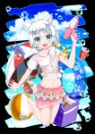  absurdres animal_ears ball barefoot beachball benghuai_xueyuan blue_eyes blue_sky blush bow can cat_ears catstudioinc_(punepuni) cloud cup day drinking_glass drinking_straw eyebrows_visible_through_hair fang frills hair_bow hair_over_shoulder heart-shaped_bag highres honkai_impact ice innertube long_hair looking_at_viewer midriff navel open_mouth parasol shirt shorts side-tie silver_hair sky solo theresa_apocalypse tied_shirt umbrella water_gun 