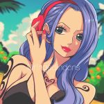  adjusting_hair arm_tattoo bare_arms bare_shoulders blue_eyes blue_hair breasts bush cloud day food fruit hairband highres lips lipstick long_hair makeup mandarin_orange nail_polish nojiko one_piece sherumaru_(korcht06) sky smile solo tattoo twitter_username upper_body 