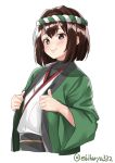  brown_eyes brown_hair commentary_request ebifurya hachimaki happi headband highres hyuuga_(kantai_collection) japanese_clothes kantai_collection looking_at_viewer nontraditional_miko short_hair simple_background solo twitter_username undershirt upper_body white_background 