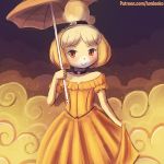  2018 animal_crossing anthro blonde_hair canine clothed clothing dog dress female hair isabelle_(animal_crossing) looking_at_viewer lumineko mammal nintendo shih_tzu smile solo umbrella url video_games 