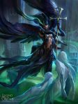  armored_boots artist_name black_hair boots copyright_name feathered_wings gloves green_hair guan-yu_chen highres legend_of_the_cryptids long_hair mask multicolored_hair official_art solo spirit staff two-tone_hair wings 