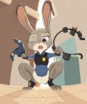  anus belt bottomless clitoris clothed clothing crouching disney female flat_chested full_body hi_res inside judy_hopps lagomorph mammal one_eye_closed open_mouth pants peeing police_uniform purple_eyes pussy rabbit sake_(pixiv) shirt solo spread_legs spreading teeth uncensored undressing uniform urine vest watersports zootopia 