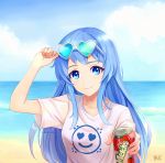  beach blue_eyes blue_hair blush brand_name_imitation breasts closed_mouth collarbone day eyebrows_visible_through_hair eyewear_on_head heart heart-shaped_eyewear highres long_hair looking_at_viewer medium_breasts mikmix ocean original outdoors signature smile solo summer sunglasses 